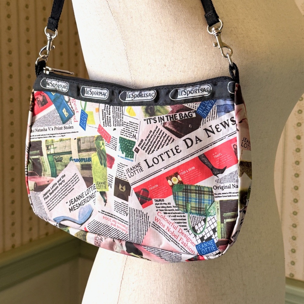 LeSportsac Jeanne Lottie Newspaper Print Shoulder Bag Ripstop Nylon Y2K Baguette